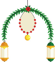 Holiday Arch Frame with Greenery Red Berries Blank Sign Lanterns Festive Seasonal Decoration Vector Design