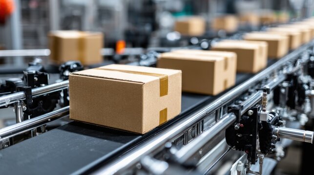 Cardboard Packages on Automated Conveyor Belt in Modern Warehouse for Efficient Distribution and Supply Chain Management