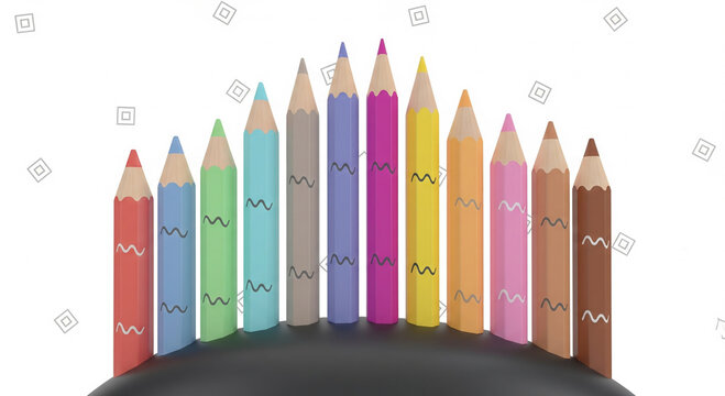 A set of colorful pencils arranged in a row on a black surface isolated on white background, perfect for school and art supplies