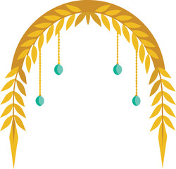 Golden wheat ears arch frame border with hanging turquoise beads on transparent background agricultural decoration