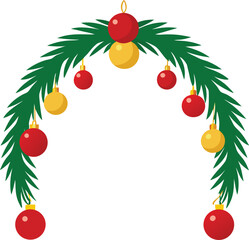 Curved frame border of green fir branches decorated with red candles and yellow baubles on transparent background