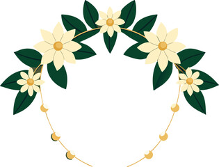 Arch frame border of white flowers and green leaves with hanging gold beads on transparent background floral decoration