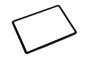 A sleek modern tablet with a blank, white screen angled against a transparent background, perfect for digital content mockups or product displays. background removed