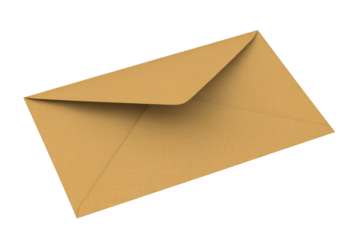 Classic brown paper envelope with flap closed, angled on a solid dark transparent background. Ideal for mail, invitations, or communication concepts. background removed