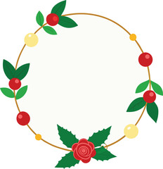 Round Golden Frame with Assorted Red Berries Green Leaves Cream and Orange Ornaments and a Red Rose Bloom