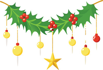 Winter Foliage Garland with Red Berries Yellow and Red Ornaments and a Central Golden Star Accent