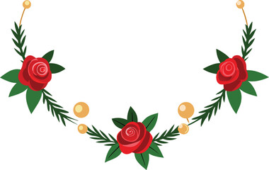 Flat Design Illustration of Horizontal Garland with Red Roses Green Leaves and Golden Ornaments Festive Holiday Decoration Element