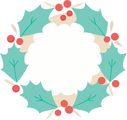 Minimalist Festive Wreath with Red Berries and Green Holly Leaves Flat Design Element Isolated on Transparent Background