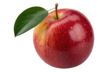 A vibrant, ripe red apple with a fresh green leaf and stem, isolated on a solid background, showcasing its crisp, healthy appearance. background removed