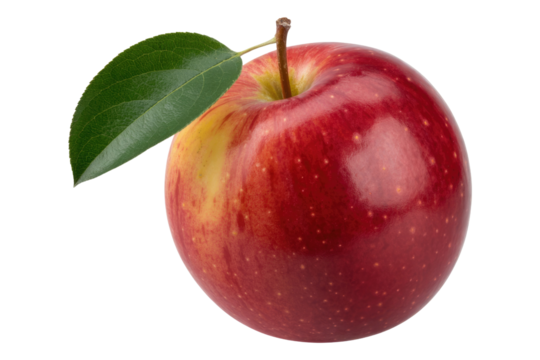 A vibrant, ripe red apple with a fresh green leaf and stem, isolated on a solid background, showcasing its crisp, healthy appearance. background removed