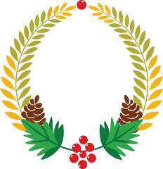 Autumnal Wreath Design Pine Cones Green Leaves Red Berries Golden Foliage Seasonal Harvest Decoration Vector Graphic