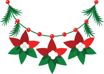 Simple Winter Garland with Poinsettia Flowers Pine Branches Red Berries Festive String Lights Holiday Decor