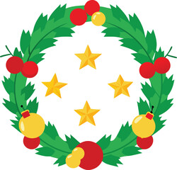 Vibrant Holiday Wreath Design Red Yellow Ornaments Green Foliage Gold Stars Festive Season Decor Graphic Element