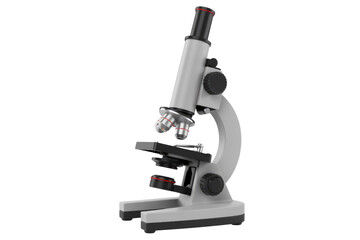 A modern 3D render of a gray and black compound microscope with multiple objective lenses, suitable for scientific and educational illustrations. background removed