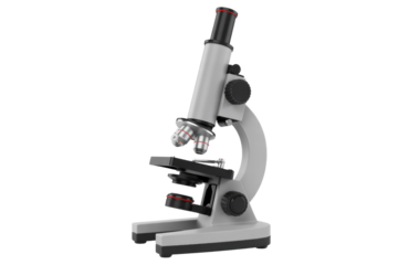 A modern 3D render of a gray and black compound microscope with multiple objective lenses, suitable for scientific and educational illustrations. background removed