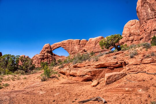  Arches National Park in Utah. Beautiful view of the Arches. Beautiful red rock landscape with breathtaking arches and rock formations. Travel in the USA. Discovery trip in Utha Moab in the USA