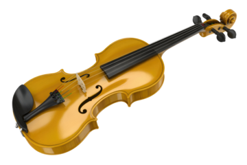 A golden-brown classical violin, a beautiful string instrument, gracefully rests diagonally against a solid transparent background, highlighting its elegant curves. background removed