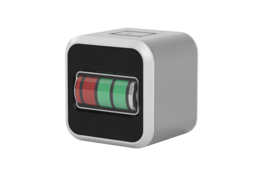 A 3D rendered grey cube shows a battery icon with red and green segments, indicating a medium charge status. background removed - Powered by Adobe
