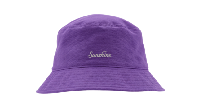 A vibrant purple bucket hat, made from textured fabric, features 'Sunshine' embroidered in elegant script. Perfect for sunny days and stylish outdoor wear. background removed
