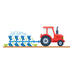 A red tractor plows a field with a multi-furrow plow.
