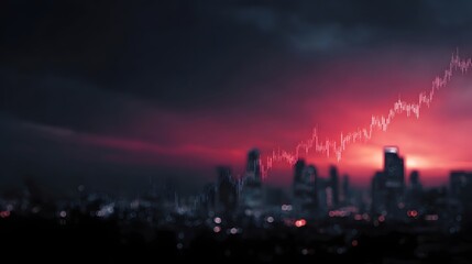 Financial graph showing upward trend over a blurred city skyline at sunset symbolizing growth and success