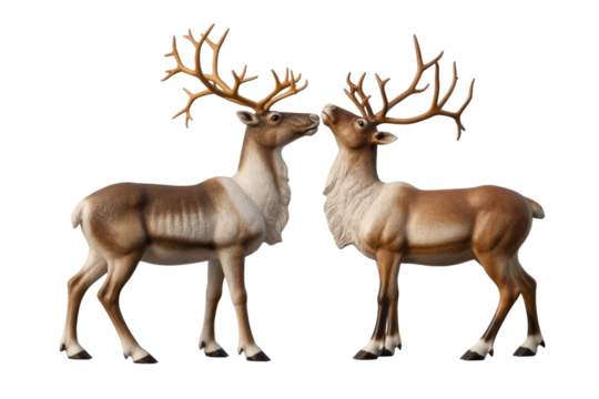 Two beautiful reindeer with large antlers nuzzle affectionately, displaying their brown and white coats against a simple transparent background. A loving wildlife moment. background removed
