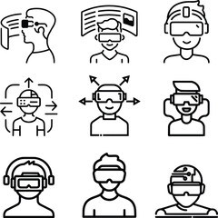 Collection of icons representing virtual reality gaming and technology