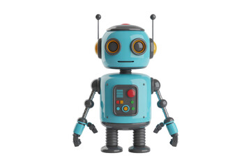 A charming retro-futuristic blue robot with antenna and control panel, rendered in 3D with a glossy finish, standing against a solid background. background removed
