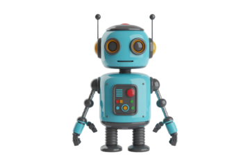 A charming retro-futuristic blue robot with antenna and control panel, rendered in 3D with a glossy finish, standing against a solid background. background removed