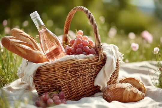 A delightful outdoor picnic basket filled with wine, baguettes, and grapes on a sunny day. - Powered by Adobe