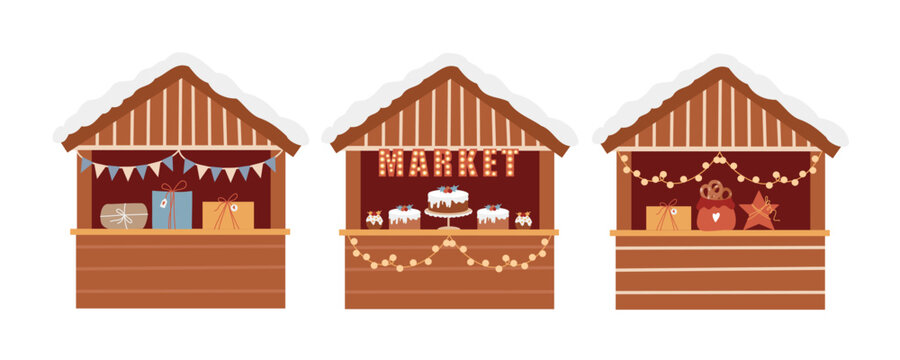 Set of Christmas stalls isolated on white background. Traditional winter Christmas market. Vector clip art. Vector flat illustration of a Christmas fair