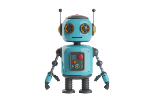 A charming retro-futuristic blue robot with antenna and control panel, rendered in 3D with a glossy finish, standing against a solid background. background removed - Powered by Adobe