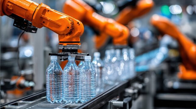 Automated robotic arm working in a modern factory, handling plastic bottles on a conveyor belt, showcasing advanced manufacturing technology and efficiency