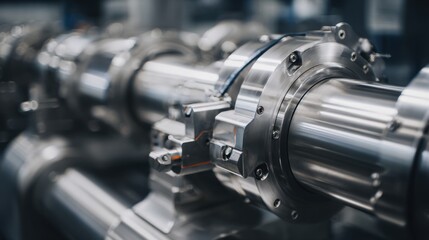 Fototapeta premium Close-up View of Industrial Metal Pipes and Connectors in Modern Manufacturing Facility Focused on Engineering and Machinery for Optimal Performance and Efficiency