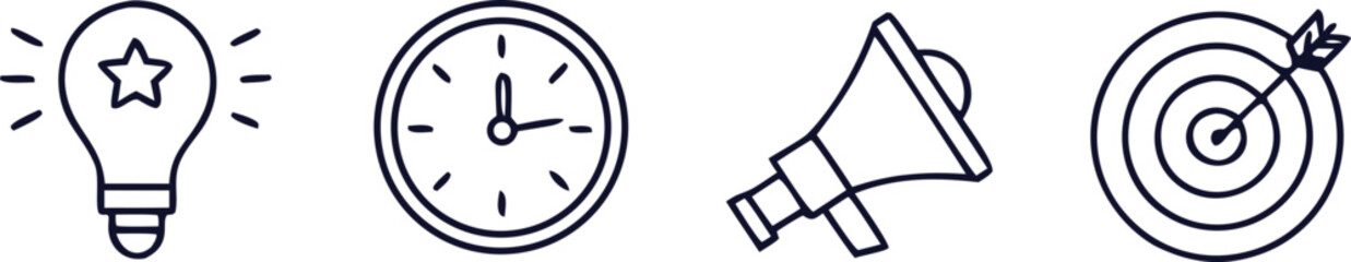 Creative business icons with light bulb, clock, megaphone, and target. Modern outline vector for marketing, strategy, and innovation. Perfect minimalist design for web and presentation.