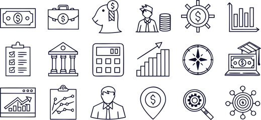 Business finance line icons set with charts, money, and banking symbols. Modern outline design for web, app, or i  use. Perfect vector collection for corporate illustration.