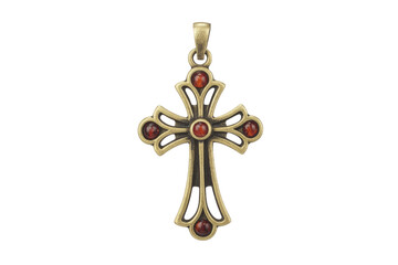 An ornate, antique-style cross pendant crafted from aged bronze-tone metal, featuring five deep red cabochon stones. A vintage religious jewelry piece with decorative curves. background removed