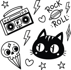Cute rock and roll doodle set with cat, skull, boombox, stars, and lightning. Fun hand-drawn vector illustration for stickers, fashion, and creative design. Bold black and white art.