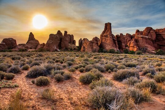 Arches National Park in Utah. Beautiful view of the Arches. Beautiful red rock landscape with breathtaking arches and rock formations. Travel in the USA. Discovery trip in Utha Moab in the USA