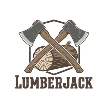 A rustic illustration featuring crossed axes, a wood log, and the word "LUMBERJACK" below