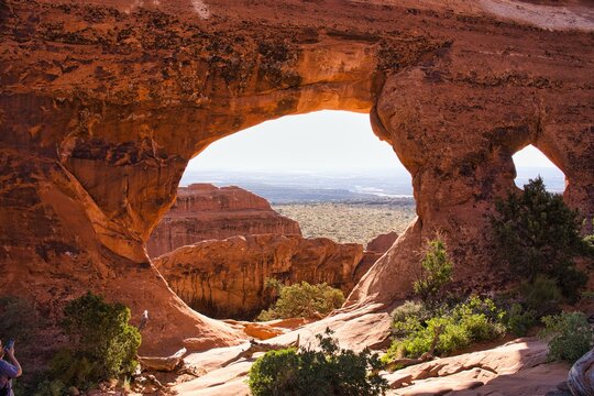  Arches National Park in Utah. Beautiful view of the Arches. Beautiful red rock landscape with breathtaking arches and rock formations. Travel in the USA. Discovery trip in Utha Moab in the USA