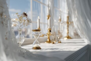Fototapeta premium Elegant hourglass and fresh flowers on a sunny windowsill with classic gold decor.