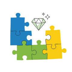 Colorful puzzle pieces arranged with a diamond and sparkles, symbolizing success.