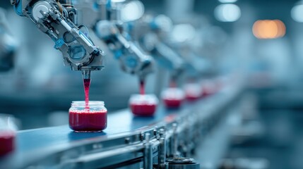 Advanced robotic arms filling jars with red liquid in a modern industrial factory, showcasing automation in food production and efficiency in manufacturing processes