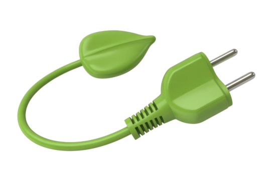 A vibrant green electric plug seamlessly transitions into a leaf, symbolizing eco-friendly energy and sustainable power solutions. Connecting nature with electricity. background removed