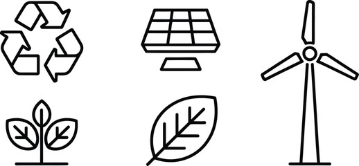 Clean energy icons representing sustainability and environmental protection including a recycling symbol a solar panel a wind turbine a growing plant and a leaf