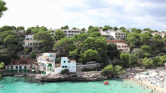 Cala Santanyi bay on Mallorca island in Spain panoramic top view in sunny day in October.