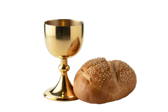 A shiny golden chalice and a round loaf of sesame-seeded bread, representing Christian communion, eucharist, and spiritual nourishment on a transparent background. background removed
