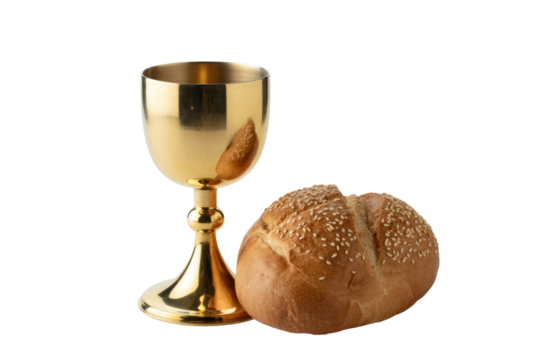 A shiny golden chalice and a round loaf of sesame-seeded bread, representing Christian communion, eucharist, and spiritual nourishment on a transparent background. background removed
