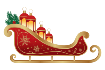 A festive red and gold Christmas sleigh with glowing lanterns, decorated with snowflakes, pine branches, and red berries. background removed